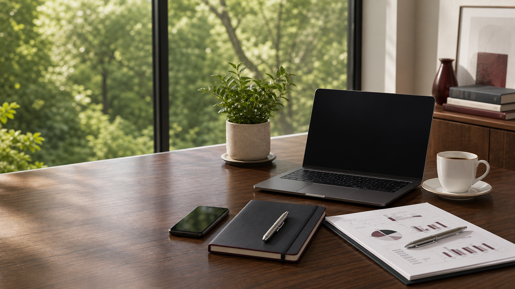 Escritorio ejecutivo con laptop, café, documentos financieros, libreta, pluma y celular